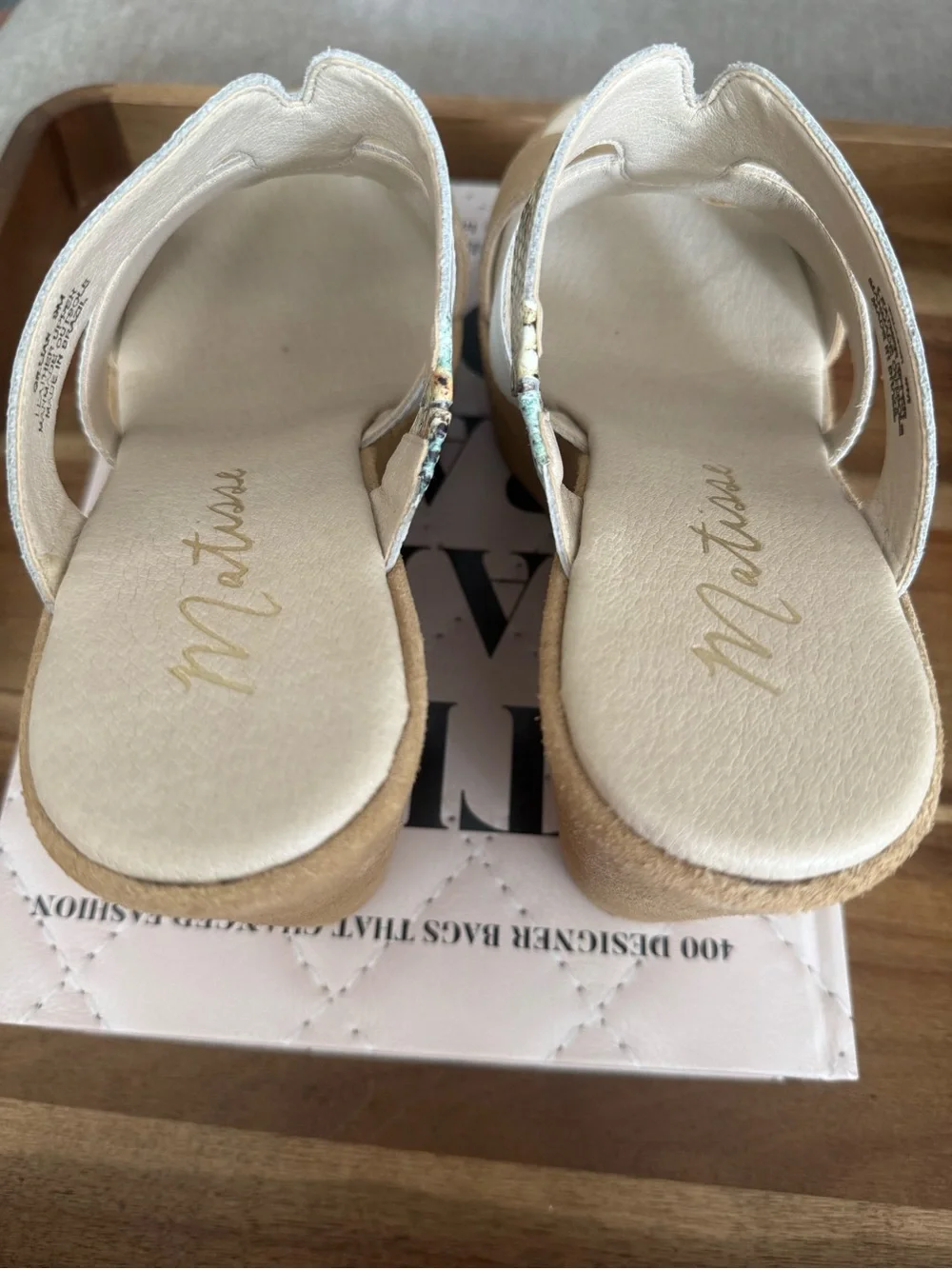 Women's Taupe Suede Wedge Sandals with White & Snake-Print Straps